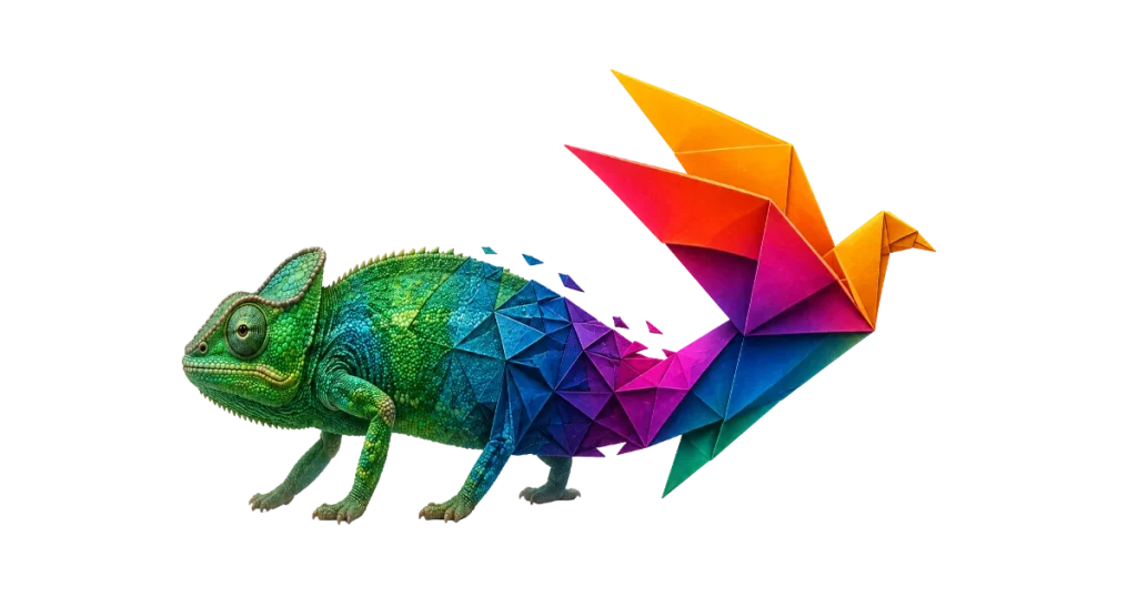 A chameleon and a paper bird illustrating how organisations face the Shift