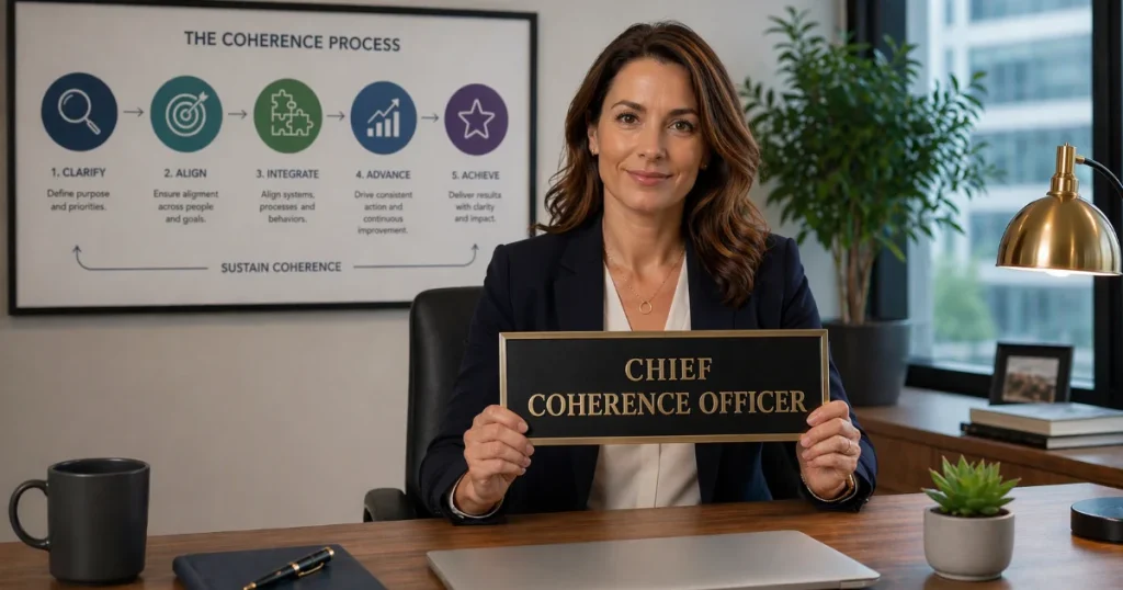 Chief coherence officer at her desk holding a plaque