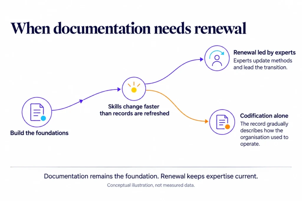 Conceptual diagram showing how documentation can become outdated as skills change, while expert-led renewal keeps methods and expertise current