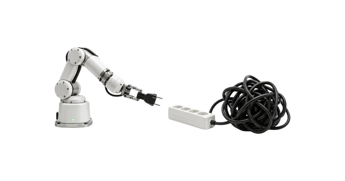 robotic arm looking at plug it self proving its AI readiness